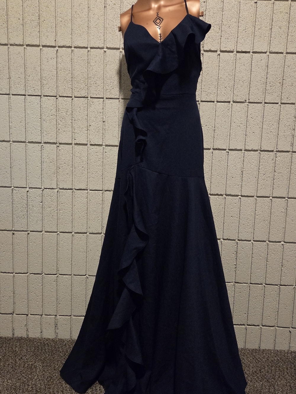 Minuet Petite Navy Ruffle Maxi Dress - Spaghetti Straps